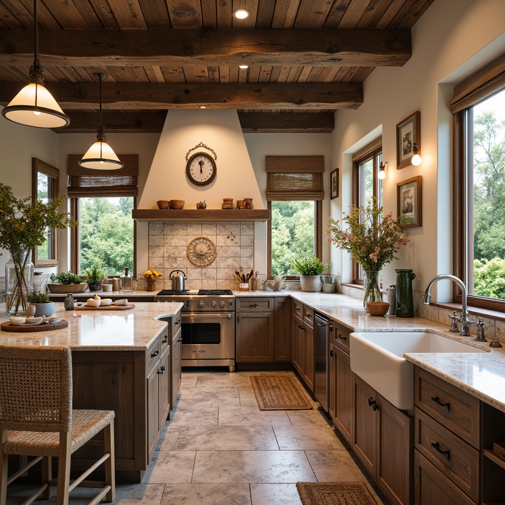 Prompt: Rustic French country kitchen, distressed wood cabinetry, ornate metal hardware, creamy white marble countertops, soft warm lighting, elegant ceramic tiles, vintage-inspired faucets, copper accents, natural stone backsplashes, earthy color palette, traditional country decor, farmhouse-style sink, floral patterned textiles, woven rattan chairs, wooden beams, cozy breakfast nook, botanical garden views.