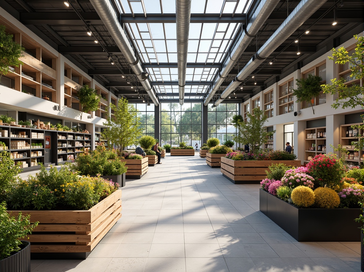 Prompt: Modern grocery store interior, open layout design, airy atmosphere, natural light pouring in, polished concrete floors, sleek metal shelving units, rustic wooden accents, abundant greenery, vibrant produce displays, fresh flower arrangements, inviting seating areas, industrial-style lighting fixtures, exposed ductwork, minimalist decor, ample space for navigation, efficient traffic flow, interactive product demonstrations, sampling stations, digital signage, modern refrigeration systems, eco-friendly equipment, energy-efficient solutions.