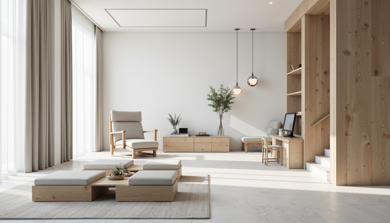 Prompt: Monochromatic color palette, clean lines, minimal ornamentation, sleek surfaces, natural materials, wooden accents, sparse furniture arrangement, abundant negative space, subtle textures, soft diffused lighting, 1/1 composition, shallow depth of field, realistic rendering, ambient occlusion, serene atmosphere, elegant simplicity.