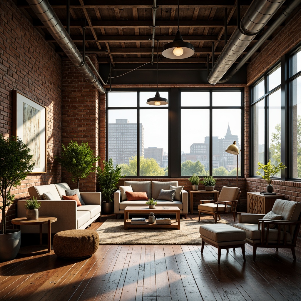 Prompt: Industrial chic loft, exposed brick walls, distressed wood floors, metal beams, minimalist decor, urban landscape views, floor-to-ceiling windows, natural light pouring in, soft warm glow, shallow depth of field, 3/4 composition, panoramic view, realistic textures, ambient occlusion, vintage furniture pieces, reclaimed wood accents, Edison bulb lighting, greenery hanging baskets, modern art installations, eclectic decorative objects, rich textiles, earthy color palette.