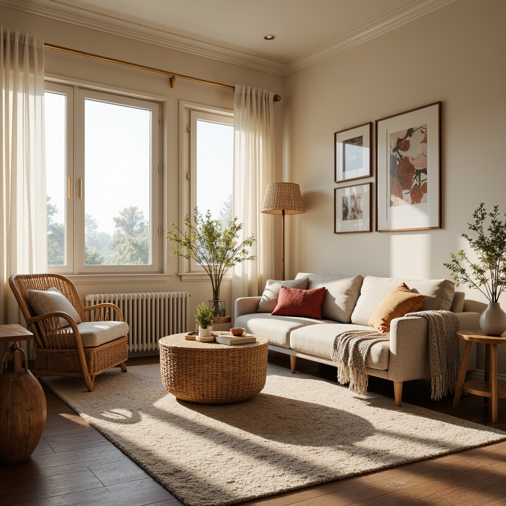 Prompt: Cozy living room, plush area rug, soft velvet sofa, chunky knit throw blanket, woven wicker coffee table, natural fiber armchair, rustic wooden side table, warm beige walls, creamy white ceiling, large windows, sheer curtains, gentle morning light, shallow depth of field, 1/2 composition, realistic textures, ambient occlusion.