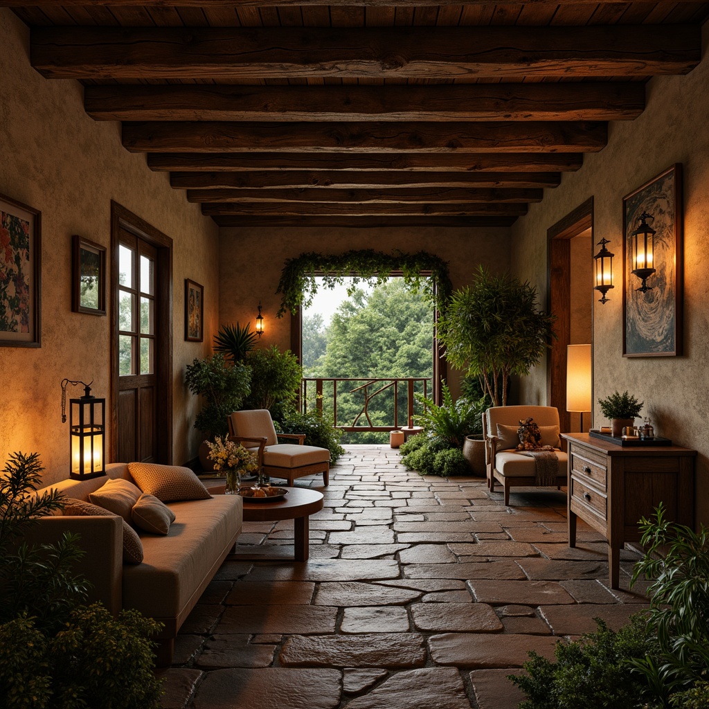 Prompt: Rustic vernacular architecture, earthy tone walls, wooden accents, natural stone foundations, lush greenery surroundings, warm soft lighting, lantern-style lamps, candles, pendant lights, exposed beams, wooden ceiling, cozy atmosphere, intimate spaces, nature-inspired textures, warm color palette, soft shadows, ambient occlusion, 1/1 composition, realistic renderings.Please let me know if this meets your requirements!