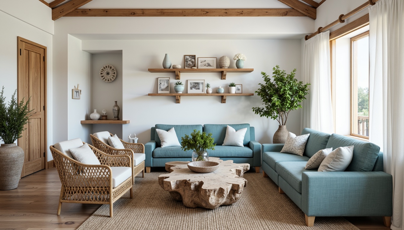 Prompt: Coastal-themed living room, driftwood coffee table, woven rattan armchairs, plush ocean-blue sofas, natural fiber rugs, coral-inspired decorative accents, sea-glass vases, distressed wood shelves, nautical rope details, soft calming lighting, sheer white curtains, beachy textures, organic shapes, 1/2 composition, warm atmospheric perspective, realistic reflections.