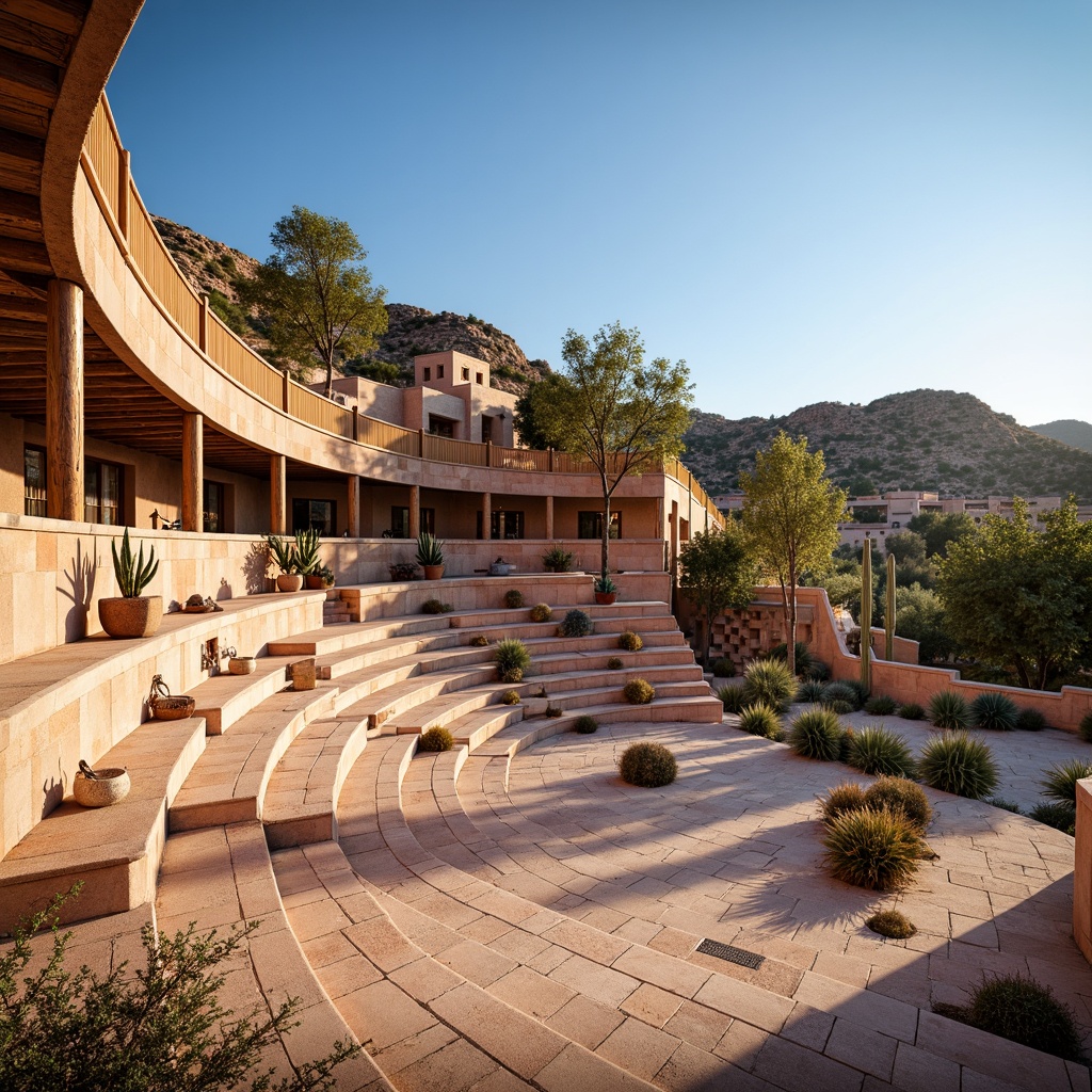 Prompt: Southwestern-style amphitheater, rustic natural stone seating, curved tiered layout, desert landscape, cacti plants, sandy dunes, warm sunny day, clear blue sky, acoustic shell, wooden canopy, intricate geometric patterns, vibrant colorful textiles, ambient lighting, shallow depth of field, 3/4 composition, panoramic view, realistic textures, echo reduction materials, sound absorption panels, optimal speaker placement, immersive audio experience.