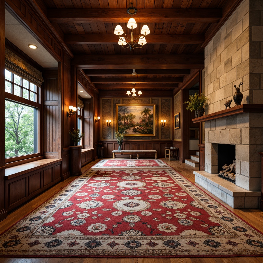 Prompt: Richly patterned rugs, plush carpeting, warm hardwood floors, distressed wood accents, ornate tilework, luxurious marble surfaces, elegant stone flooring, intricate mosaic patterns, rustic wooden planks, cozy cabin-inspired decor, inviting fireplaces, soft warm lighting, 3/4 composition, shallow depth of field, realistic textures, ambient occlusion.