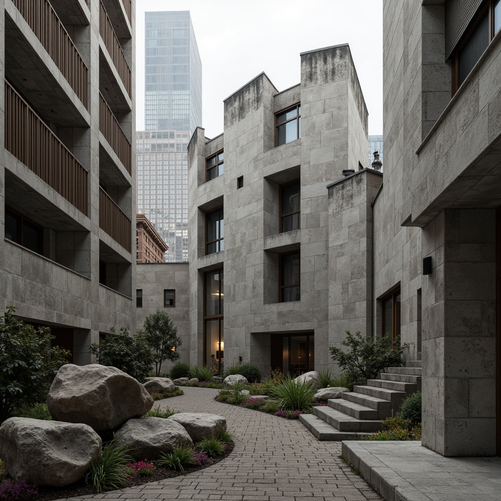 Prompt: Raw concrete walls, rugged stone facades, weathered steel beams, distressed wood accents, brutalist architecture, monumental scale, fortress-like structures, dramatic shadow play, bold geometric forms, chunky brutalist sculptures, urban cityscape backdrop, overcast skies, moody atmospheric lighting, high-contrast photography, shallow depth of field, 2/3 composition, gritty realistic textures.