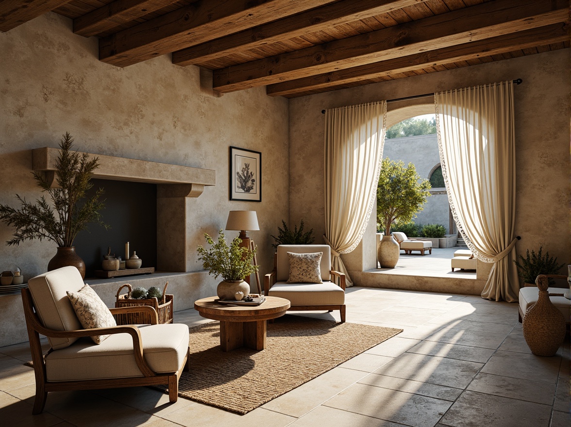 Prompt: Rustic French country estate, distressed wood accents, vintage metal hardware, soft linen fabrics, romantic lace details, natural fiber rugs, woven basket furniture, elegant velvet drapes, subtle floral patterns, muted earthy tones, aged stone walls, charming courtyard views, warm golden lighting, shallow depth of field, 1/2 composition, realistic textures, ambient occlusion.