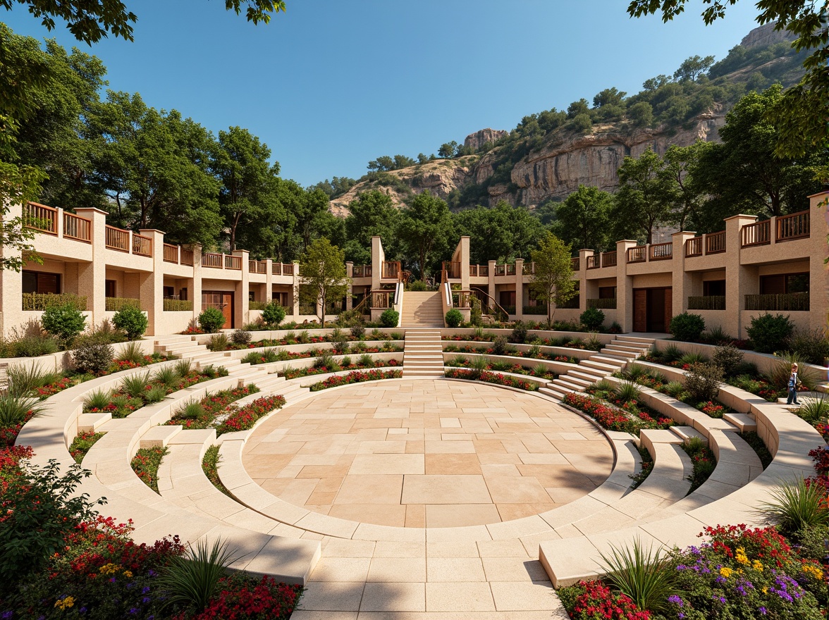 Prompt: Amphitheater design, curvaceous seating, tiered levels, natural stone walls, lush greenery, vibrant flowers, earthy tones, warm beige colors, rusty red accents, deep blue skies, sunny day, soft warm lighting, shallow depth of field, 3/4 composition, panoramic view, realistic textures, ambient occlusion.