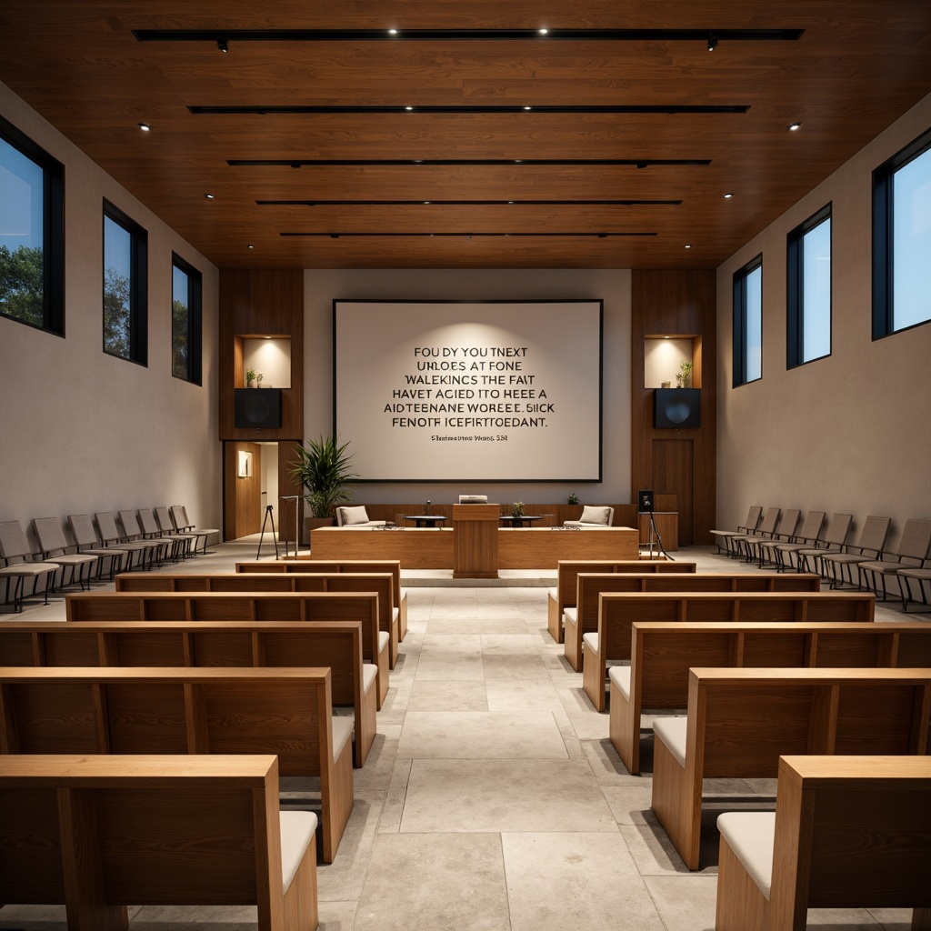 Prompt: Contemporary worship space, sleek wooden pews, comfortable cushioned seating, minimalist metal chairs, subtle lighting fixtures, neutral color palette, natural stone flooring, inspirational quotes, elegant podiums, modern audio-visual equipment, warm ambiance, intimate atmosphere, shallow depth of field, 3/4 composition, realistic textures, ambient occlusion.