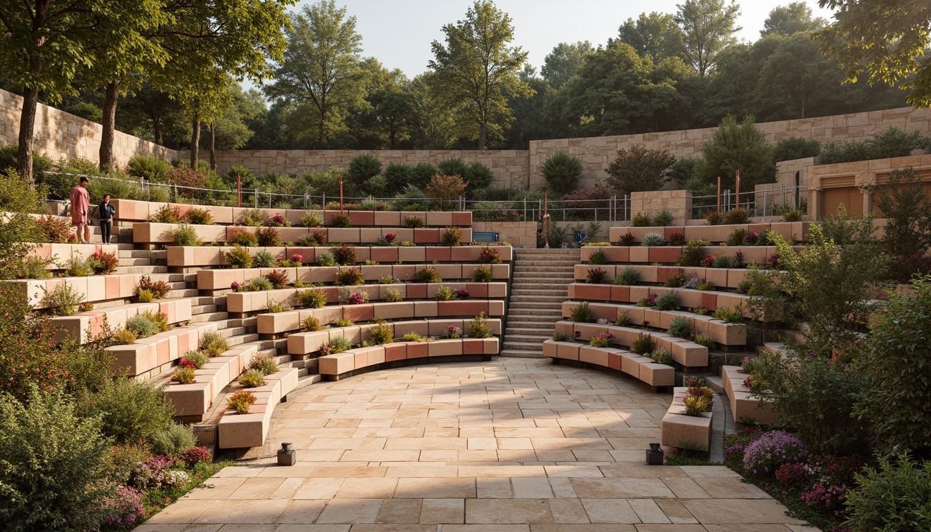 Prompt: Amphitheater seating area, curved stepped rows, natural stone walls, lush greenery, vibrant flowers, warm sunny day, soft warm lighting, shallow depth of field, 3/4 composition, panoramic view, realistic textures, ambient occlusion, earthy tone color palette, terracotta red accents, sage green undertones, weathered wood tones, creamy beige stonework, rust-colored metal details, organic shape patterns, natural fabric upholstery.