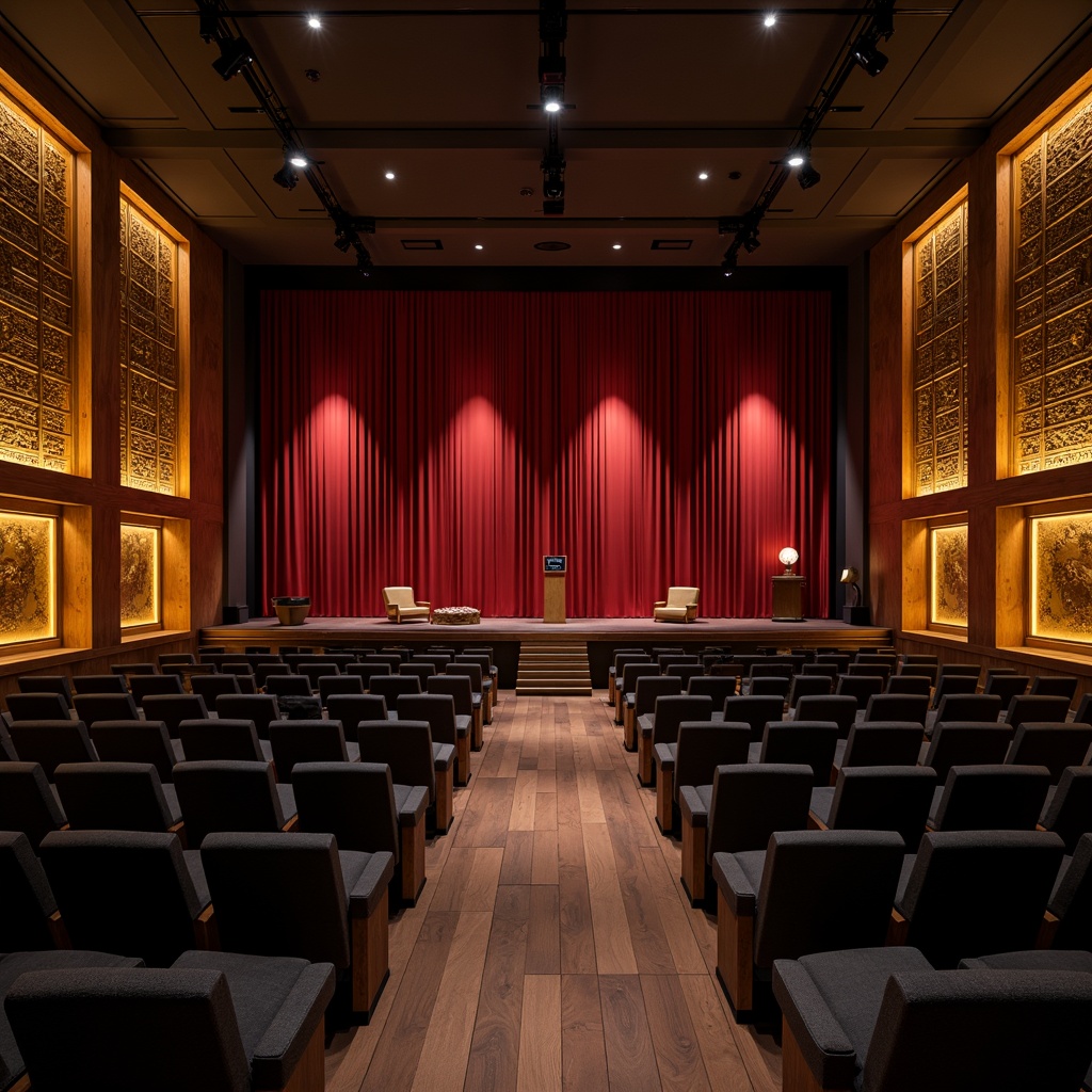 Prompt: Luxurious theater interior, acoustic panels with wooden frames, sound-absorbing materials, dark velvety seats, golden ornate details, grand stage lighting, crimson red curtains, state-of-the-art audio equipment, minimalistic ceiling design, rectangular shape, warm ambient lighting, soft focus, shallow depth of field, 1/2 composition, realistic textures, subtle shadows.