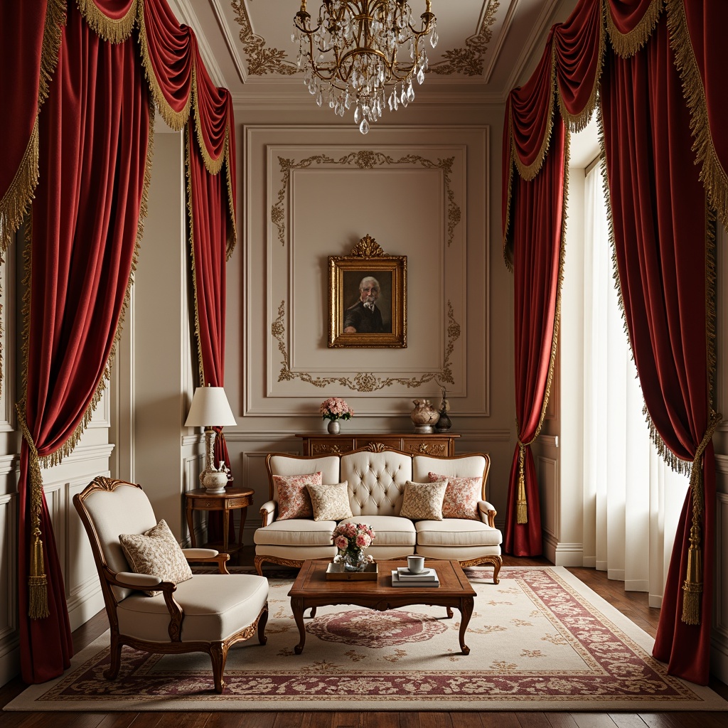 Prompt: Luxurious velvet fabrics, ornate golden embroidery, delicate lace trimmings, rich satin drapes, intricately patterned brocades, soft silk upholstery, carved wooden furniture, gilded metal accents, whimsical floral motifs, pastel color palette, opulent crystal chandeliers, indulgent tufting, subtle sheen finishes, dramatic folds, 3/4 composition, warm softbox lighting, romantic atmosphere.