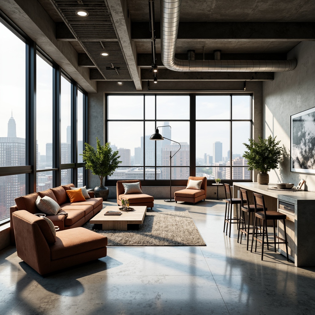 Prompt: Minimalist loft space, industrial-chic aesthetic, polished concrete floors, exposed ductwork, steel beams, modern streamline furniture, floor-to-ceiling windows, urban cityscape views, soft natural lighting, airy atmosphere, open-plan layout, functional zoning, versatile multipurpose areas, eclectic decorative accents, bold color schemes, geometric patterns, metallic textures, abstract artwork, sleek minimal decor, warm cozy nooks, intimate seating arrangements, panoramic city views, shallow depth of field, 1/1 composition, realistic reflections.