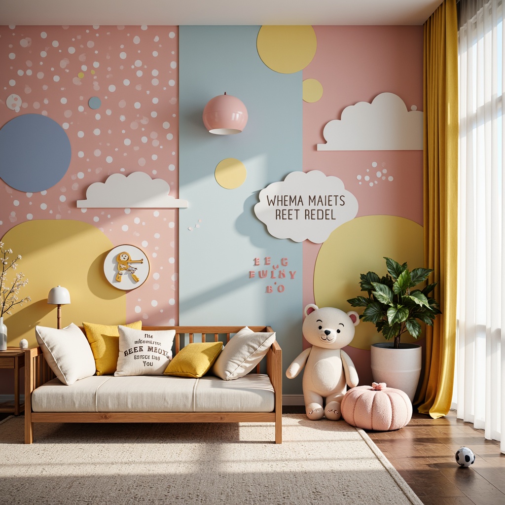 Prompt: Whimsical kids' room, bright colorful walls, playful polka dots, cheerful stripes, soft pastel hues, textured wallpaper, 3D geometric shapes, fun decals, inspirational quotes, personalized nameplates, cozy reading nooks, plush area rugs, kid-friendly furniture, modern minimalist decor, natural light filtering, sheer curtains, warm ambient lighting, shallow depth of field, 1/1 composition, realistic textures.