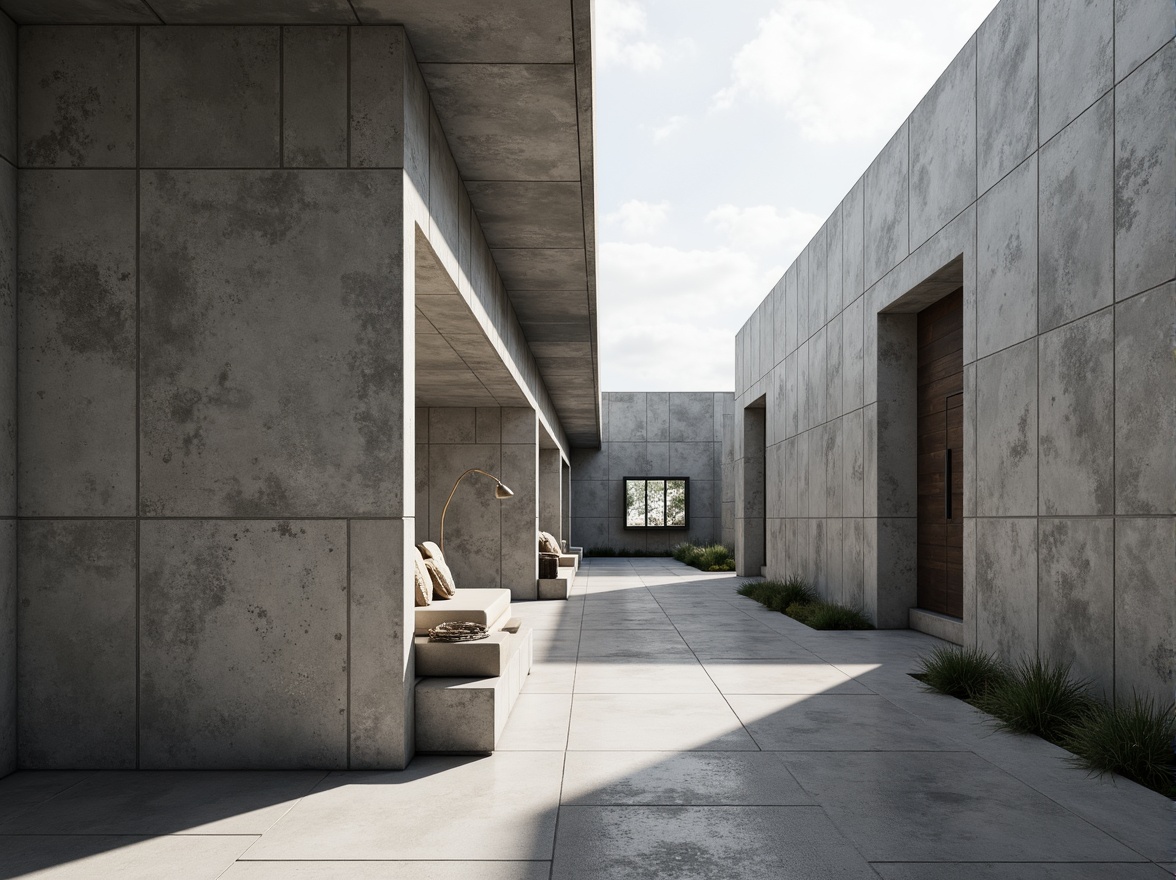 Prompt: Exposed concrete walls, rough textures, industrial materials, minimalist decor, urban landscapes, cityscapes, brutalist architecture, rugged stone fa\u00e7ades, raw concrete columns, geometric shapes, clean lines, monochromatic color schemes, dramatic lighting, low-key shadows, high-contrast images, 1/2 composition, cinematic framing, realistic rendering, subtle ambient occlusion.