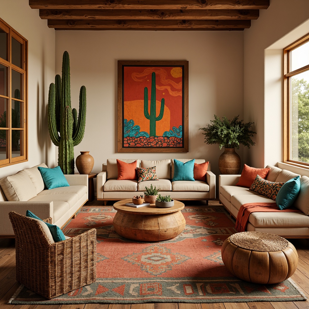 Prompt: Vibrant Southwestern living room, plush sectional sofas, woven wool rugs, earthy terracotta pots, natural fiber textiles, bold geometric patterns, turquoise accents, warm beige walls, rustic wooden furniture, woven rattan chairs, desert-inspired artwork, cactus-shaped vases, sun-kissed window views, soft diffused lighting, 1/1 composition, intimate atmosphere, cozy throw blankets, chunky wood coffee tables, potted succulents.