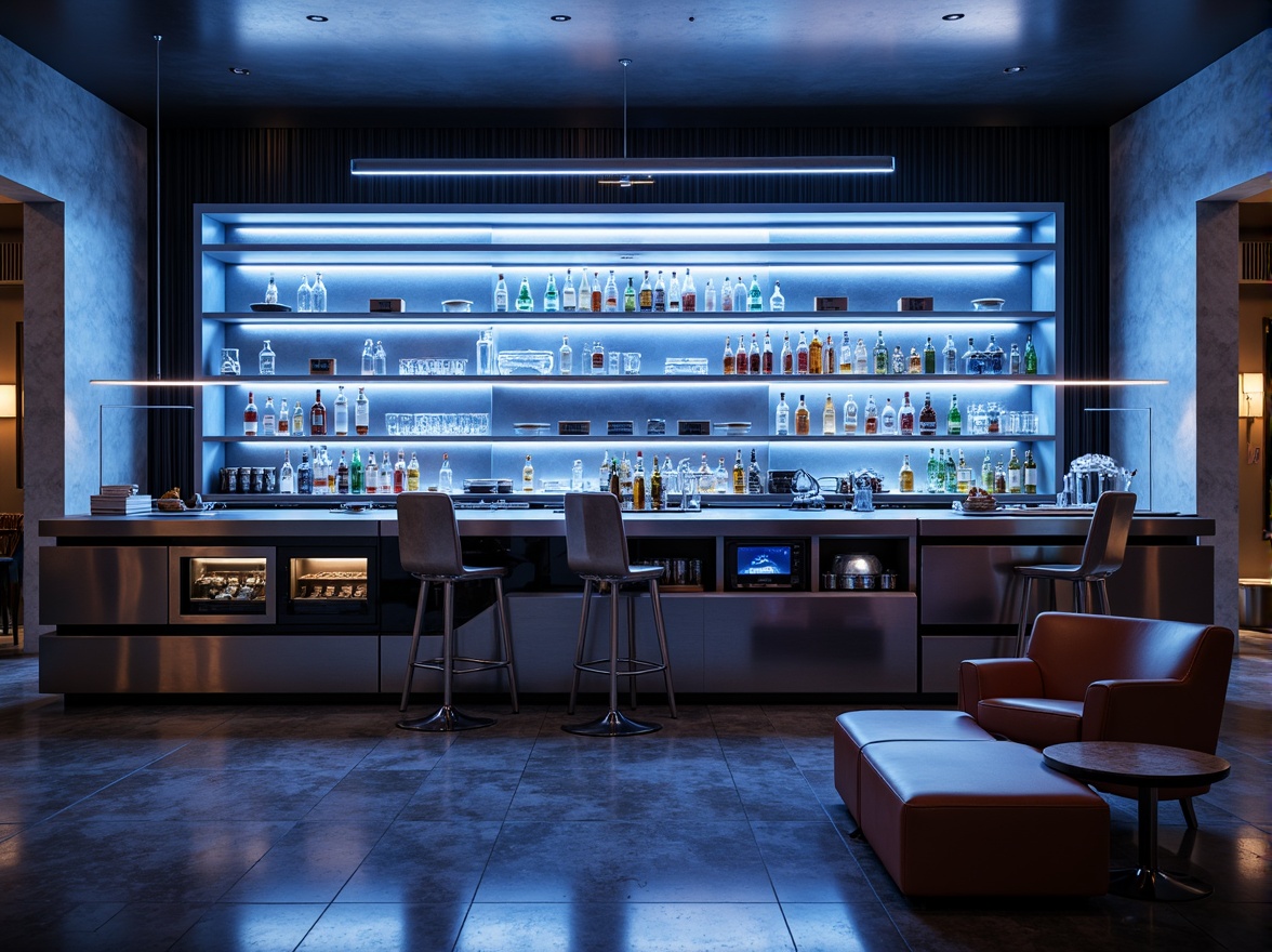 Prompt: Futuristic home bar counter, neon-lit glass shelves, metallic surfaces, minimalist design, sleek lines, LED lighting strips, holographic displays, touch-sensitive interfaces, high-gloss finishes, avant-garde stools, space-age inspired shapes, polished chrome accents, retro-futuristic color schemes, ambient occlusion, shallow depth of field, 3/4 composition, panoramic view, realistic textures.