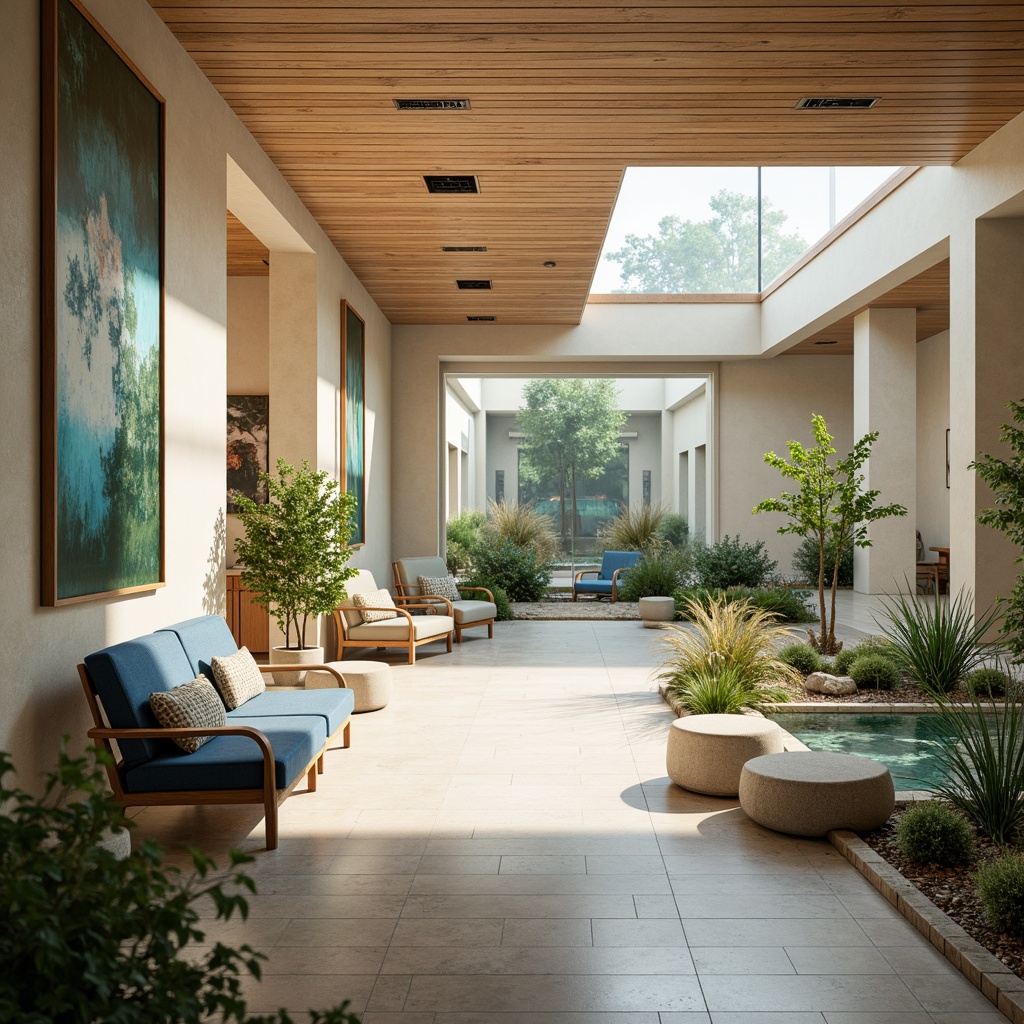 Prompt: Calming healthcare facility, soft natural hues, gentle beige tones, soothing blue accents, earthy brown undertones, vibrant greenery, natural light pouring in, comfortable waiting areas, cozy reading nooks, peaceful water features, calming soundscapes, warm wooden textures, organic patterns, minimalist decor, serene atmosphere, shallow depth of field, 3/4 composition, realistic renderings, ambient occlusion.