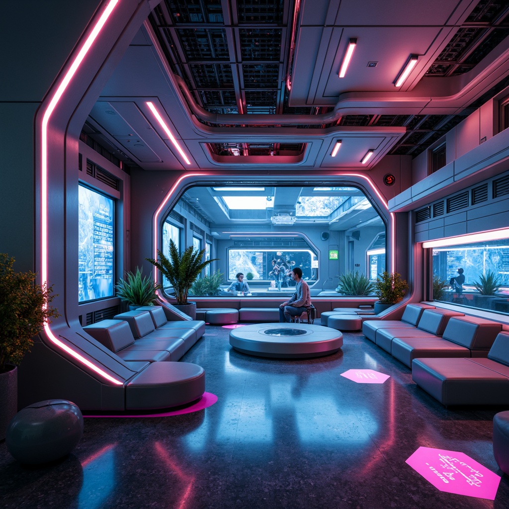 Prompt: Futuristic space station, metallic structures, neon lights, holographic displays, glowing accents, iridescent colors, electric blue hues, vibrant pink tones, luminescent whites, dark greys, sleek surfaces, minimalist decor, futuristic furniture, holographic projections, virtual reality interfaces, ambient lighting, 3/4 composition, shallow depth of field, panoramic view, realistic textures, ambient occlusion.