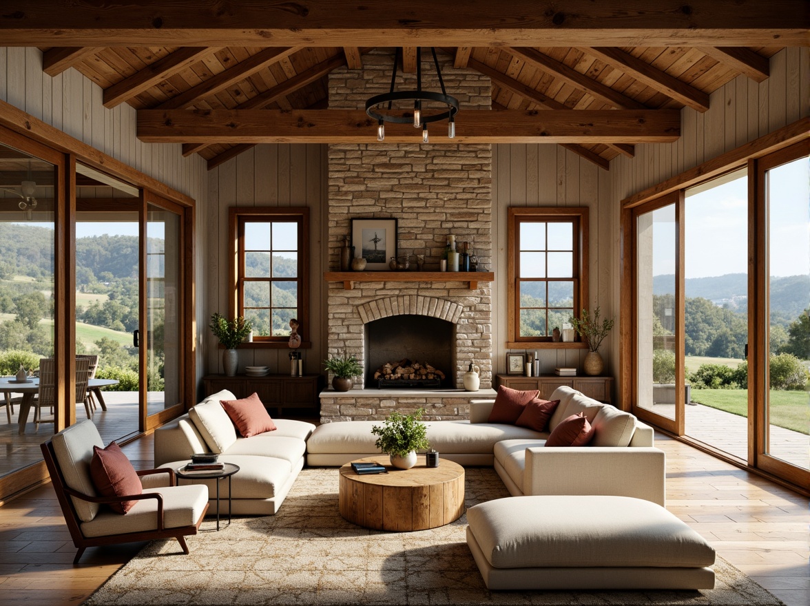 Prompt: Rustic farmhouse, open floor plan, wooden beams, stone fireplace, shiplap walls, reclaimed wood flooring, vintage farm tools, natural textiles, earthy color palette, cozy reading nooks, pendant lighting, large windows, sliding glass doors, countryside views, rolling hills, green pastures, sunny day, warm soft lighting, shallow depth of field, 3/4 composition, realistic textures, ambient occlusion.