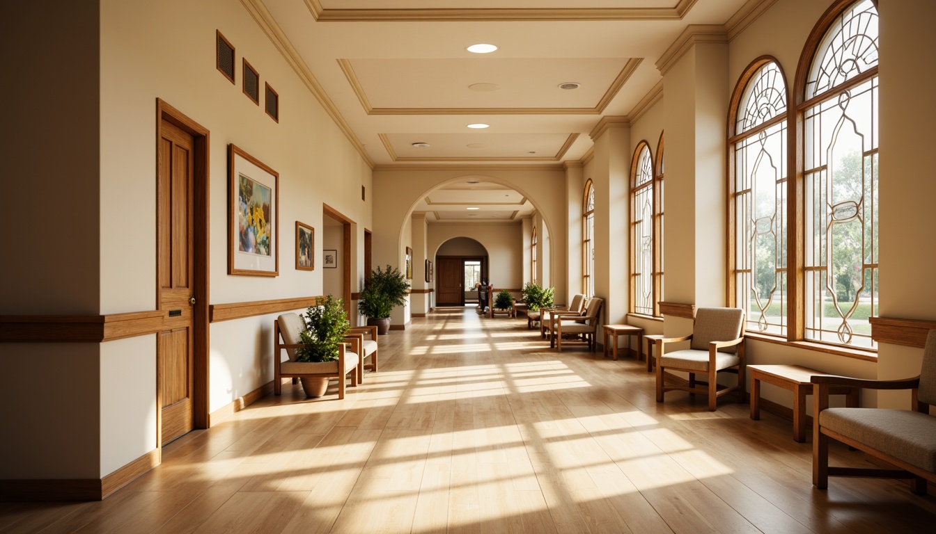 Prompt: Warm beige hospital corridors, traditional wooden accents, ornate plaster ceilings, soft cream-colored walls, comfortable waiting areas, acoustic panels, sound-absorbing materials, minimal reverberation, calm atmosphere, natural light pouring through stained glass windows, warm wood flooring, plush armchairs, gentle curves, elegant archways, subtle decorative patterns, soothing color palette, peaceful ambiance, shallow depth of field, 1/2 composition, softbox lighting, realistic textures, ambient occlusion.