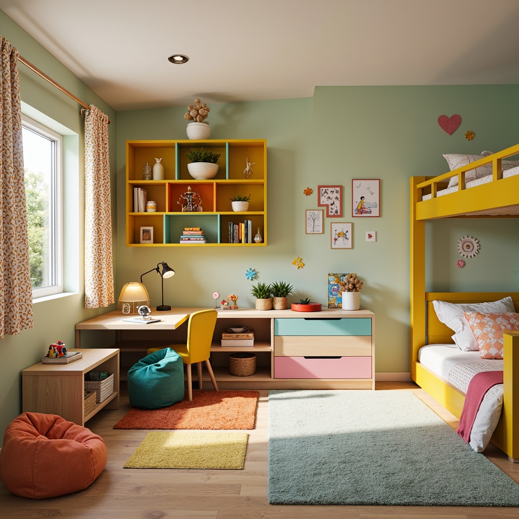 Prompt: Vibrant kids' room, modern furniture pieces, colorful storage units, playful carpet textures, whimsical wall decals, fun-shaped shelves, ergonomic study desks, adjustable reading lamps, cozy bean bags, plush area rugs, minimalist bunk beds, soft-close drawers, creative Lego stations, geometric-patterned curtains, sunny yellow accents, warm wooden tones, 1/2 composition, shallow depth of field, realistic textures, ambient occlusion.