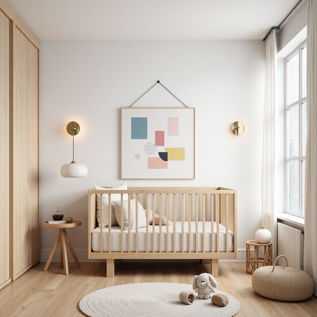 Prompt: Minimalist baby room, wooden crib, geometric mobiles, soft pastel colors, white walls, polished wooden floor, modern Bauhaus-inspired furniture, innovative LED lighting fixtures, spherical pendant lamps, minimalist wall sconces, floor-to-ceiling curtains, sheer fabrics, natural textiles, warm cozy atmosphere, soft diffused lighting, 1/1 composition, low-key realistic render, subtle shadows, ambient occlusion.