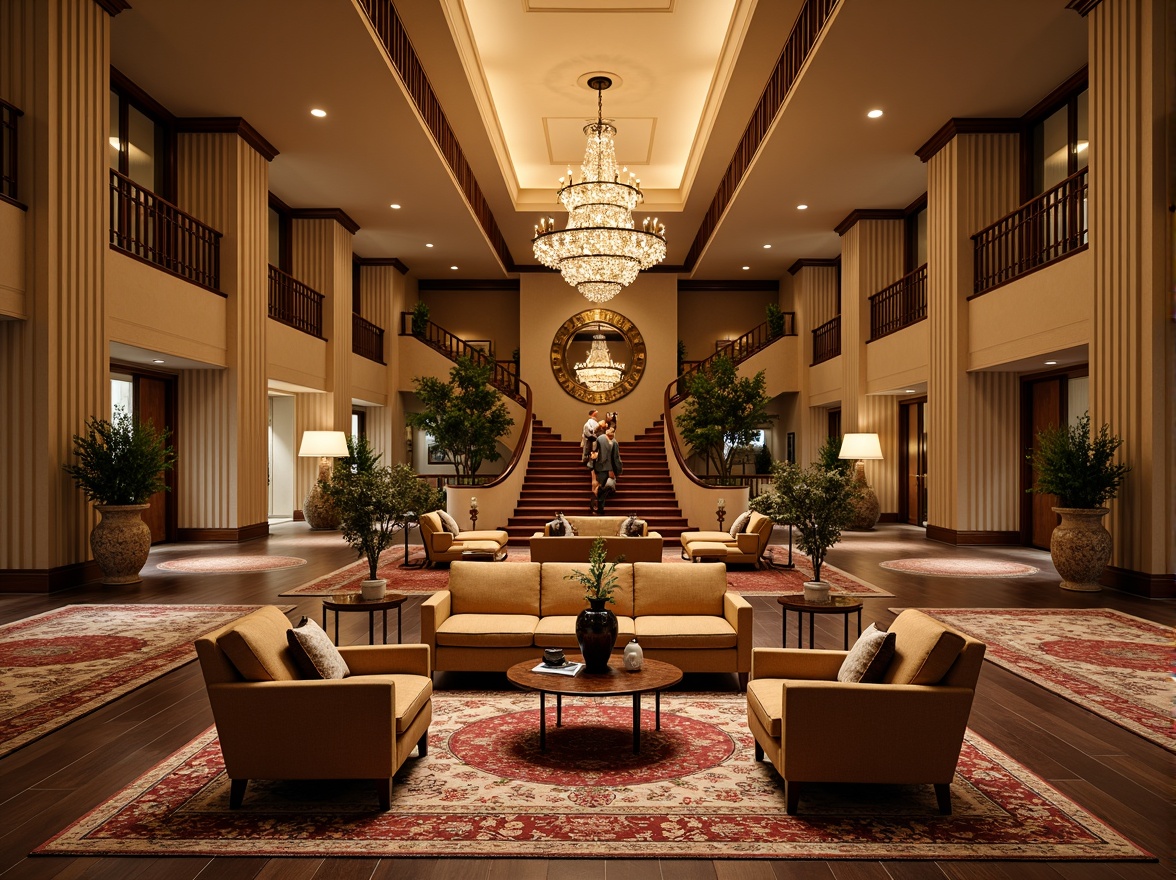 Prompt: Luxurious lobby, intricately patterned rugs, rich wood tones, plush armchairs, velvet sofas, ornate mirrors, crystal chandeliers, elegant coffee tables, antique vases, warm beige walls, classic columns, grand staircases, opulent fabrics, sophisticated lighting fixtures, warm golden lighting, shallow depth of field, 1/2 composition, realistic textures, ambient occlusion.