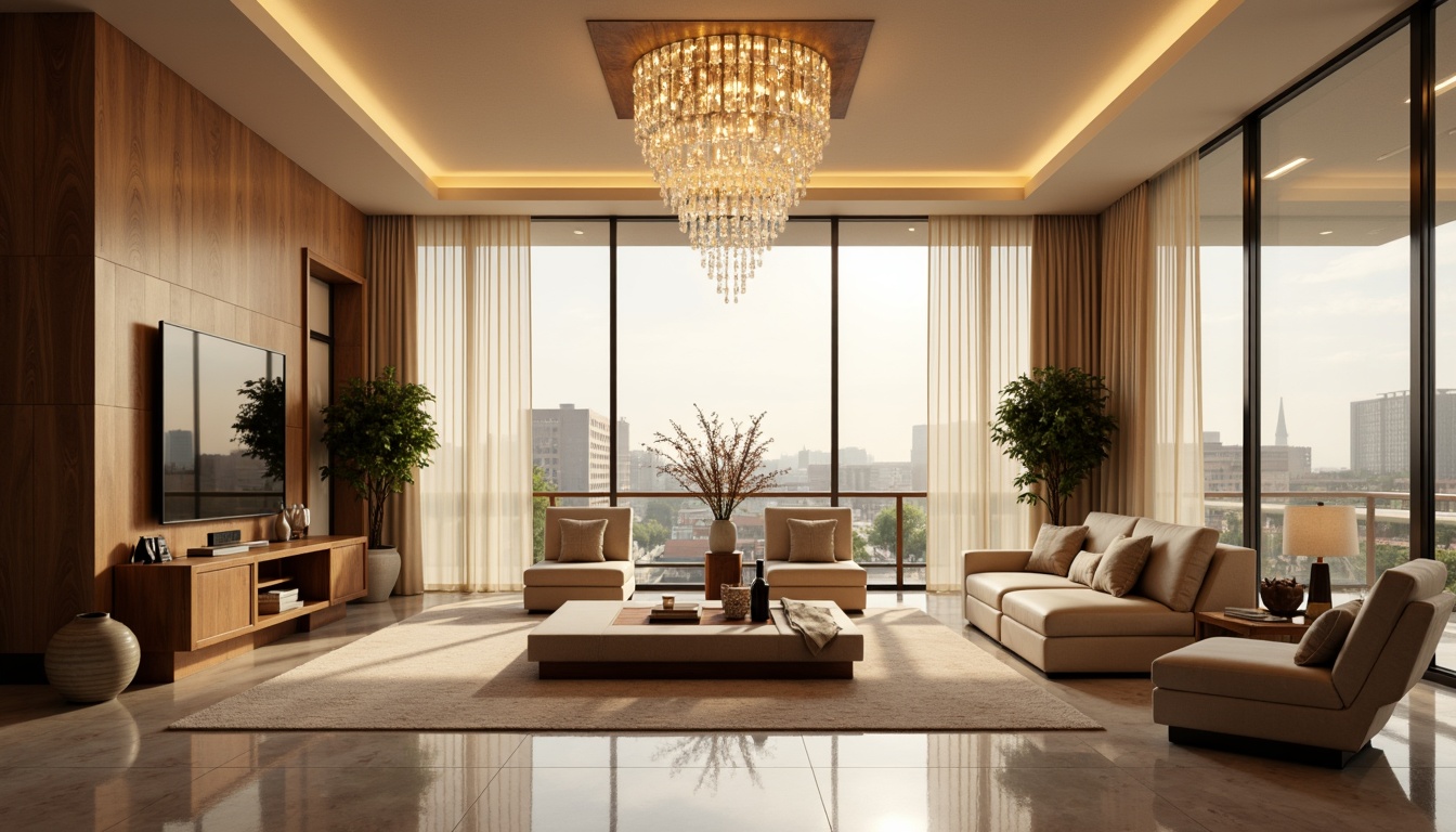 Prompt: Luxurious living room, crystal chandelier, warm golden lighting, soft ambient glow, floor-to-ceiling windows, sheer curtains, marble floors, sleek modern furniture, minimalist decor, subtle color palette, creamy whites, rich woods, sophisticated textiles, dramatic ceiling fixtures, indirect cove lighting, LED strip lights, warm dimmable bulbs, layered lighting effects, 1/1 composition, shallow depth of field, realistic reflections.