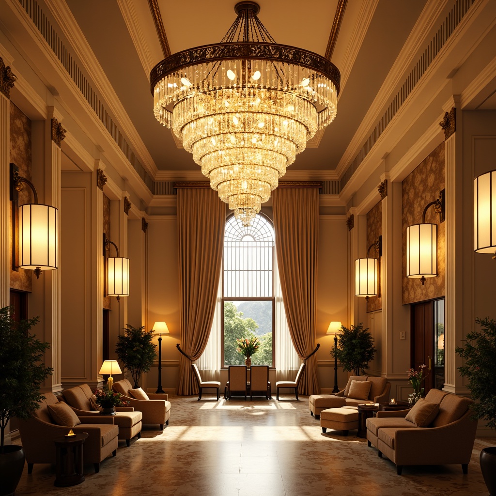 Prompt: Grand chandelier, luxurious crystal drops, warm golden lighting, elegant pendant lamps, ornate metalwork, cream-colored walls, high ceilings, marble floors, lavish furnishings, velvet drapes, stately columns, refined wood accents, sophisticated ambiance, soft warm glow, dramatic shadows, 1/1 composition, symmetrical arrangement, realistic reflections, ambient occlusion.