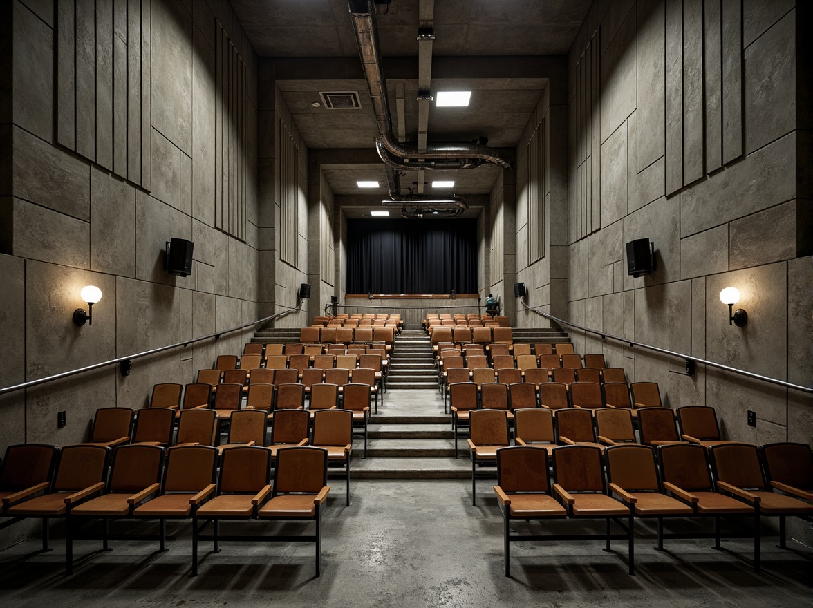 Prompt: Rugged concrete auditorium, brutalist architecture, steeply pitched roof, exposed ductwork, industrial lighting fixtures, row upon row of wooden seats, sturdy metal frames, distressed leather upholstery, minimalist decor, cold harsh lighting, dramatic shadows, cinematic atmosphere, wide-angle lens, low depth of field, 2/3 composition, symmetrical framing, bold geometric shapes, textured stone walls, raw concrete floors, urban brutalist aesthetic.