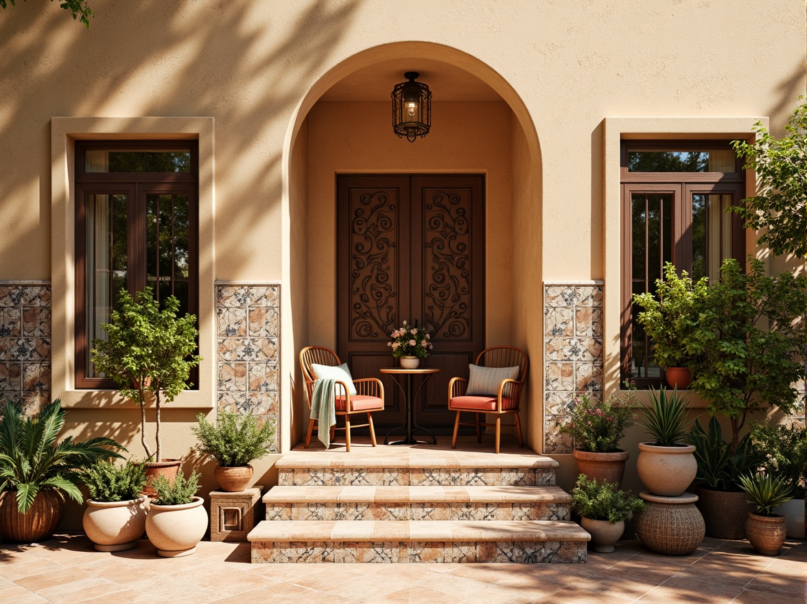 Prompt: Warm beige stucco walls, rustic stone accents, decorative ceramic tiles, distressed wood paneling, natural fiber textiles, earthy terracotta hues, arched windows, ornate metalwork, vibrant turquoise accents, lush greenery, potted plants, warm sunny lighting, soft shadows, 1/1 composition, symmetrical framing, realistic reflections, ambient occlusion.