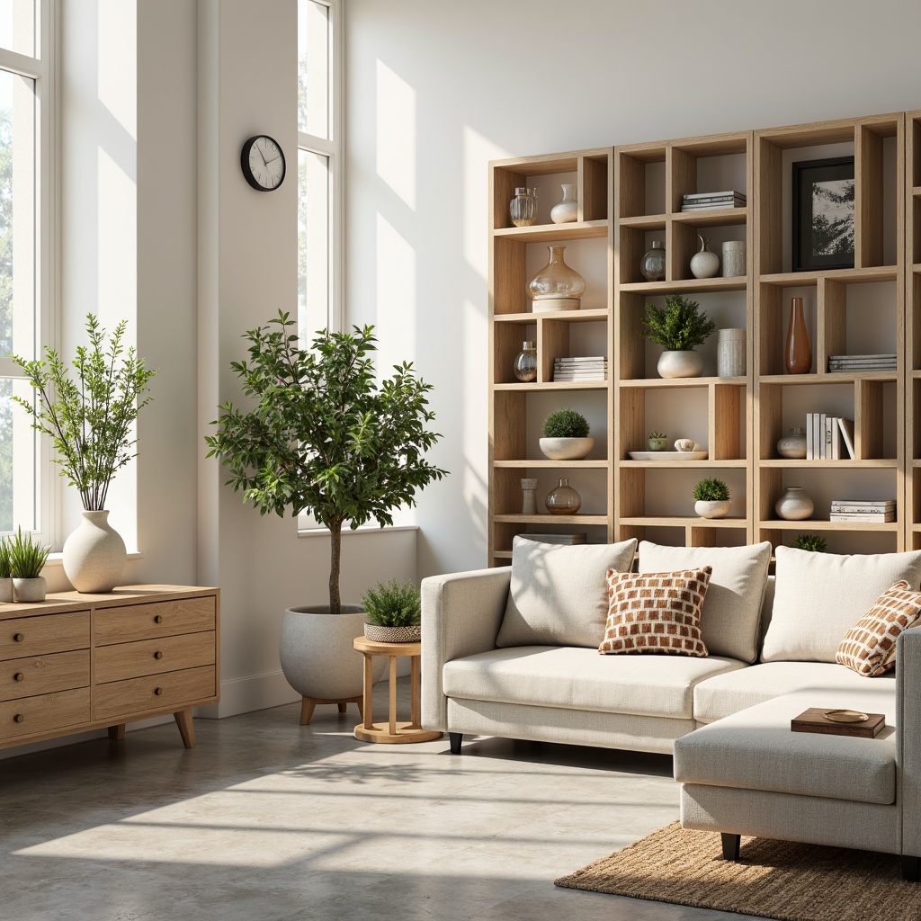 Prompt: Light-filled living room, wooden open shelving units, decorative vases, green potted plants, modern minimalist decor, creamy white walls, polished concrete floors, industrial chic metal accents, geometric-patterned throw pillows, natural linen upholstery, soft warm lighting, shallow depth of field, 3/4 composition, realistic textures, ambient occlusion.Let me know if you need any adjustments!