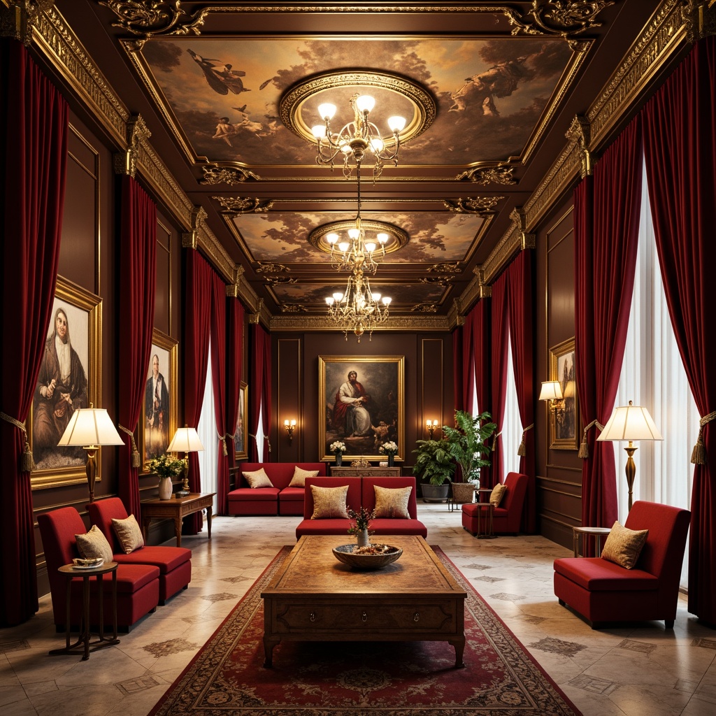 Prompt: Luxurious velvet fabrics, rich gold accents, ornate wooden carvings, grand crystal chandeliers, lavish fresco ceilings, opulent marble floors, intricate gilded frames, soft warm candlelight, dramatic high contrast, 3/4 composition, cinematic lighting, Renaissance-inspired patterns, deep jewel tones, earthy terracotta hues, creamy whites, regal blues, majestic reds.