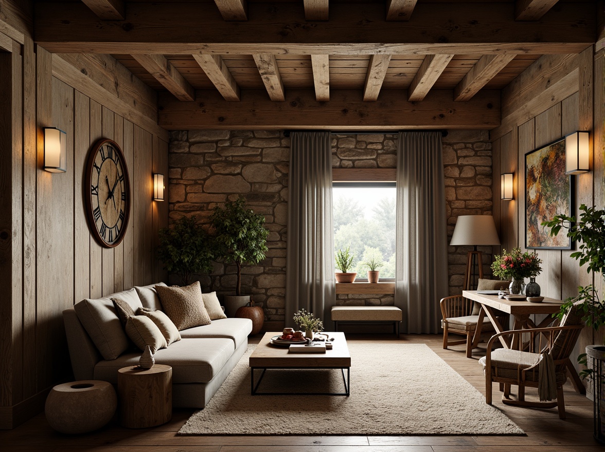 Prompt: Rustic wooden accents, distressed metal panels, rough-hewn stone walls, earthy color palette, natural textures, organic forms, eclectic decorative elements, cozy intimate spaces, warm soft lighting, shallow depth of field, 1/1 composition, realistic renderings, ambient occlusion.