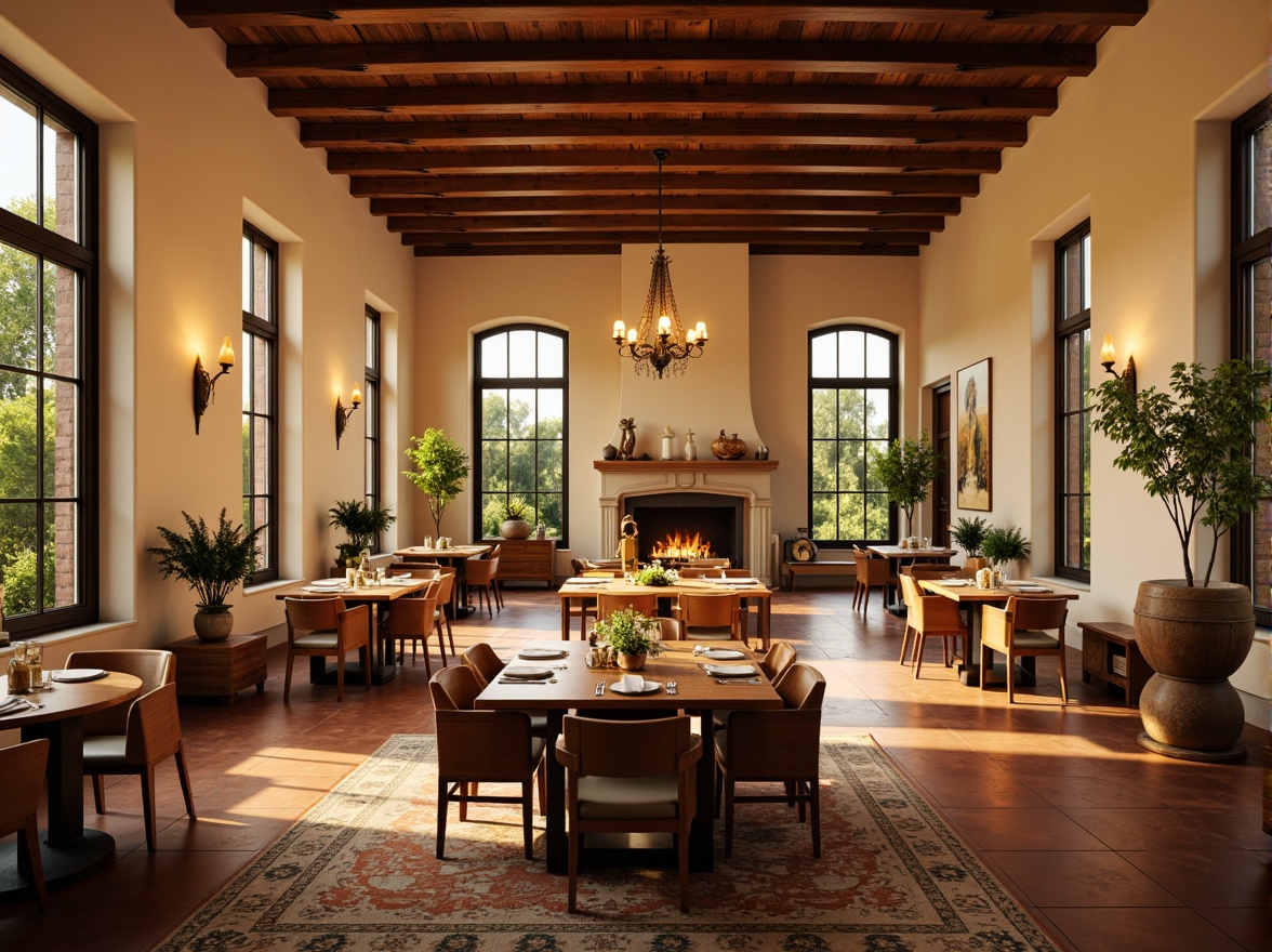 Prompt: Warm dining room, soft golden lighting, rich wood furniture, earthy terracotta floors, cozy cream-colored walls, vintage decorative accents, lush greenery, natural stone fireplaces, elegant chandeliers, modern minimalist decor, calm atmosphere, 1/1 composition, shallow depth of field, realistic textures, ambient occlusion.