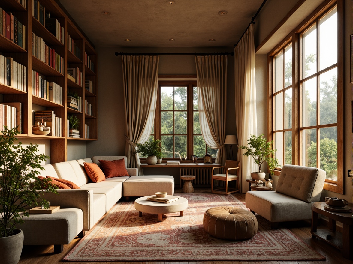 Prompt: Cozy reading nook, plush velvet pillows, warm golden lighting, wooden wall shelves, vintage book collections, nature-inspired artwork, earthy tone color palette, rustic wooden frames, soft fabric drapes, intimate seating arrangement, comfortable oversized armchair, richly textured rug, floor-to-ceiling windows, natural greenery views, warm beige walls, minimalist decor, subtle patterned throw blankets.