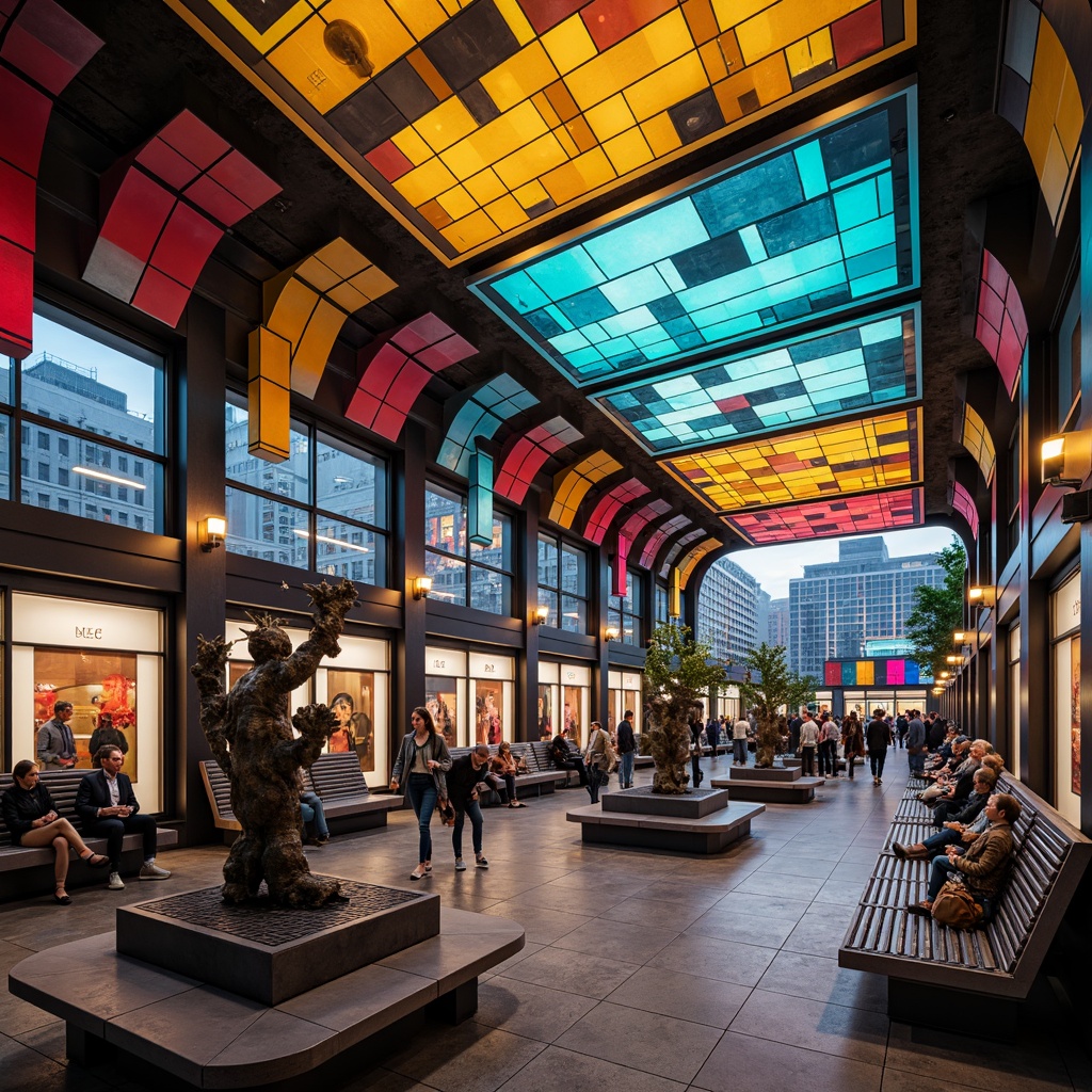 Prompt: Vibrant metro station, expressionist architecture, abstract sculptures, bold color palette, geometric patterns, futuristic chandeliers, sleek metal benches, neon-lit advertisements, urban cityscape views, rush hour crowds, dynamic lighting effects, high-contrast shadows, cinematic atmosphere, 2.5D composition, dramatic angles, low-key mood, avant-garde furnishings, retro-futuristic decor, abstract murals, eclectic textures, industrial materials.