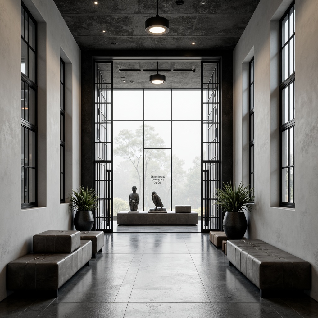 Prompt: Minimalist entrance, industrial metal doors, geometric door handles, sleek black ironwork, rectangular windows, stark white walls, polished concrete floors, modernist pendant lights, functional furniture pieces, leather-bound benches, sparse greenery, abstract sculptures, bold typography, monochromatic color scheme, high-contrast lighting, dramatic shadows, 1/1 composition, symmetrical framing, gritty textures, cinematic atmosphere.