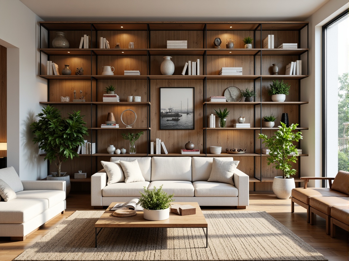 Prompt: Minimalist living room, open shelving system, reclaimed wood planks, industrial metal frames, decorative vases, potted green plants, soft warm lighting, 3/4 composition, shallow depth of field, natural textures, ambient occlusion, modern interior design, spacious atmosphere, airy feel, floating shelves, eclectic decorative items, colorful books, artistic sculptures.