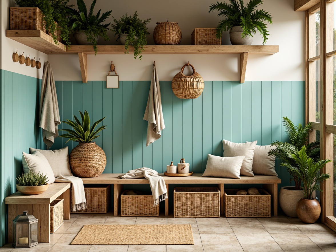 Prompt: Mudroom tropical style, natural woven baskets, rattan storage benches, reclaimed wood shelves, wicker furniture, coastal vibe, ocean-inspired colors, turquoise accents, sandy beige tones, vibrant greenery, exotic plants, wooden hooks, woven sea grass mats, rustic metal lanterns, warm ambient lighting, shallow depth of field, 1/1 composition, realistic textures, ambient occlusion.