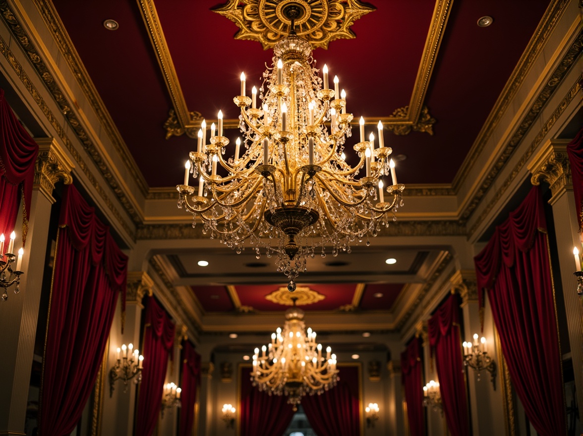 Prompt: Ornate chandeliers, crystal drops, gilded metalwork, soft warm glow, candelabra, intricate carvings, flowing curves, luxurious fabrics, velvet drapes, golden accents, ornamental mirrors, grandiose scales, dramatic ceiling fixtures, lavish decorations, Baroque-inspired patterns, elegant wall sconces, rich jewel tones, majestic ambiance, warm candlelight, 1/1 composition, realistic reflections, ambient occlusion.