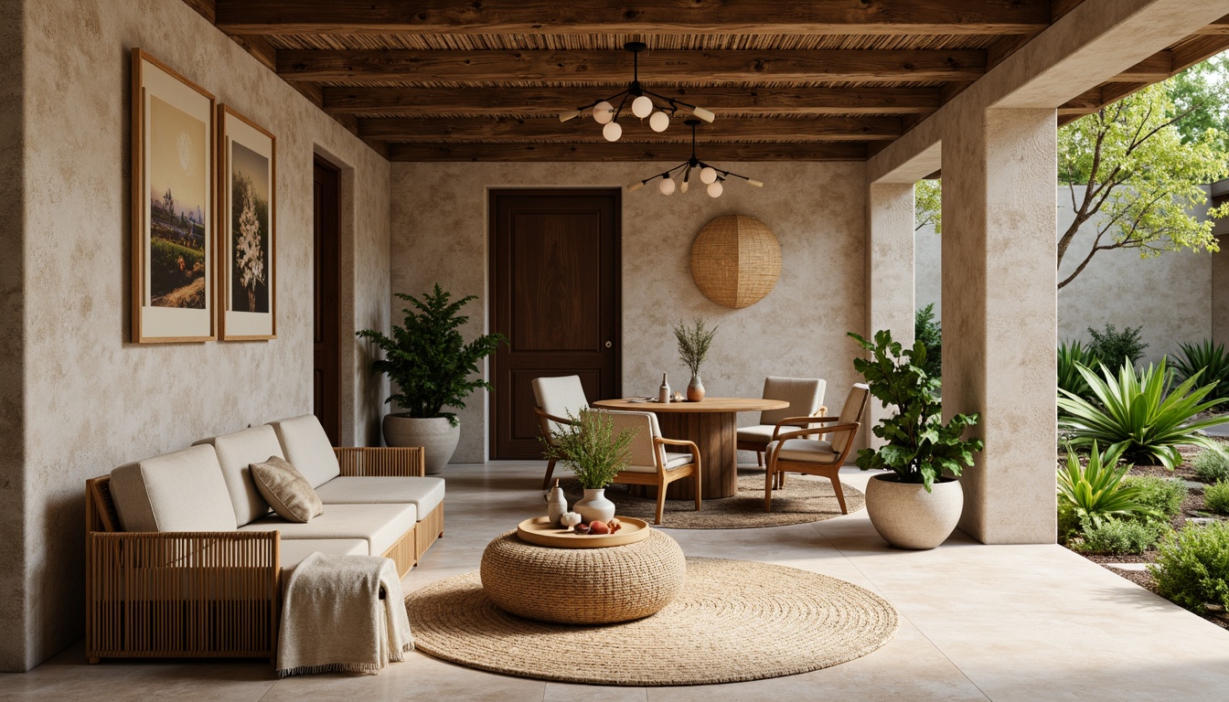 Prompt: Earthy tones inspired interior, natural stone walls, reclaimed wood accents, woven bamboo furniture, organic shape decorative accessories, lush greenery, potted plants, warm beige color palette, cozy ambiance, soft diffused lighting, 1/2 composition, realistic textures, ambient occlusion.