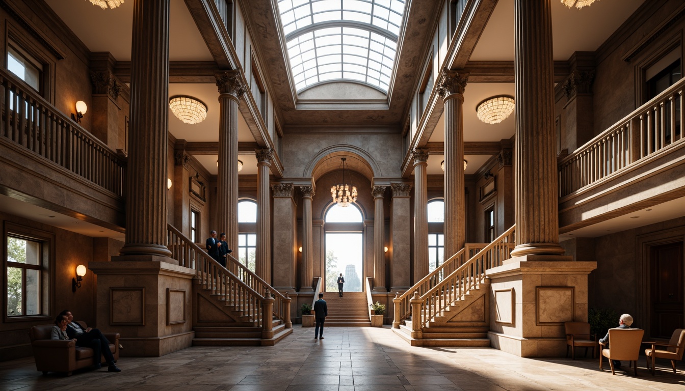 Prompt: Grand courthouse facade, Corinthian columns, ornate capitals, rustic stone foundation, symmetrical architecture, dignified entrance, sweeping staircases, high ceilings, elegant chandeliers, rich wood paneling, marble flooring, solemn atmosphere, natural light pouring through clerestory windows, subtle warm lighting, shallow depth of field, 1/1 composition, realistic textures, ambient occlusion.