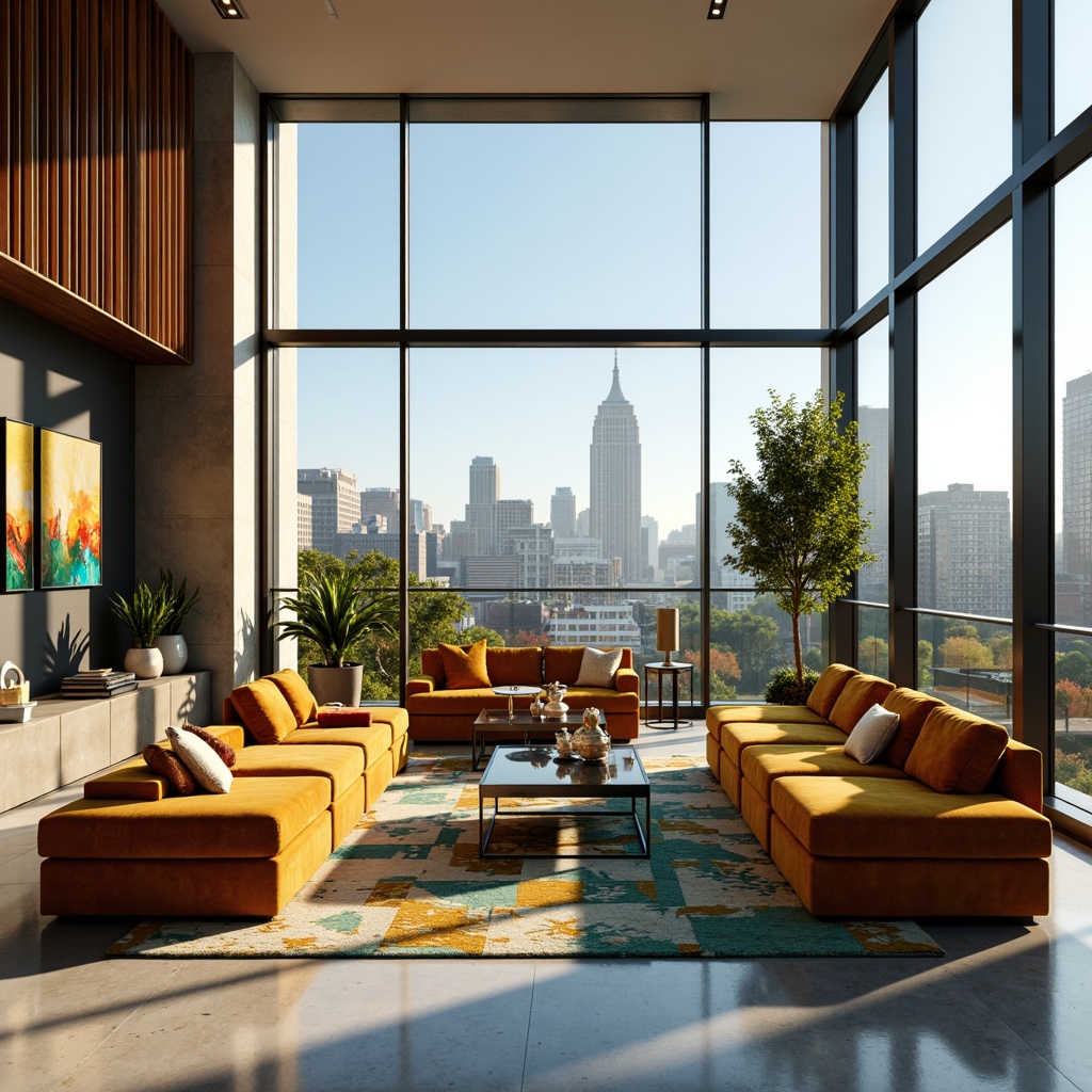 Prompt: Vibrant modernist living room, sleek minimalist furniture, bold geometric patterns, rich wood accents, luxurious velvet upholstery, metallic chrome fixtures, floor-to-ceiling windows, panoramic cityscape views, soft warm lighting, 1/1 composition, realistic textures, ambient occlusion, creamy whites, deep blues, emerald greens, golden yellows, matte black finishes, polished marble floors, abstract artwork, eclectic decorative accessories.