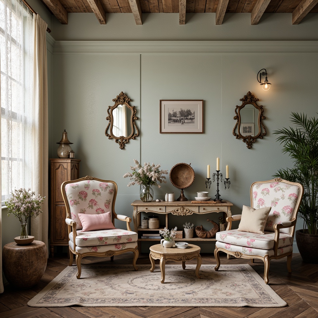 Prompt: Distressed vintage furniture, soft pastel hues, delicate florals, lace curtains, distressed wood floors, rustic metal accents, ornate mirrors, velvet pillows, antique decorative items, faded rugs, feminine accessories, warm candlelight, shallow depth of field, 1/2 composition, romantic atmosphere, realistic textures, ambient occlusion.