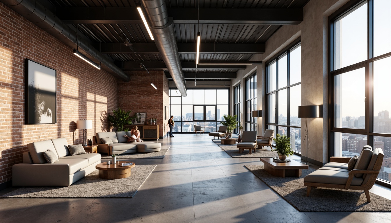 Prompt: Exposed brick walls, polished concrete floors, sleek metal beams, minimalist decor, urban industrial vibe, lofty high ceilings, streamline furniture, monochromatic color scheme, LED lighting strips, geometric patterns, abstract artwork, plush area rugs, cozy reading nooks, floor-to-ceiling windows, cityscape views, natural light pouring in, soft warm glow, shallow depth of field, 1/1 composition, realistic textures, ambient occlusion.