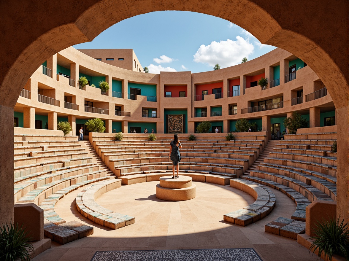 Prompt: Southwestern amphitheater, curved rows of seats, vibrant turquoise accents, natural stone walls, adobe-inspired architecture, tiered seating arrangement, rustic wooden benches, colorful woven textiles, patterned ceramic tiles, warm desert lighting, soft focus blur, 1/1 composition, dramatic overhead shots, realistic shadows, ambient occlusion.