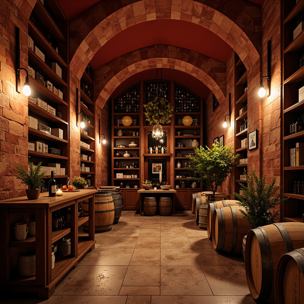 Prompt: Rich wood tones, earthy terracotta, deep crimson reds, luxurious gold accents, warm beige stones, dimly lit ambiance, rustic wooden barrels, vintage wine bottles, ornate metal racks, soft warm lighting, shallow depth of field, 2/3 composition, realistic textures, ambient occlusion.