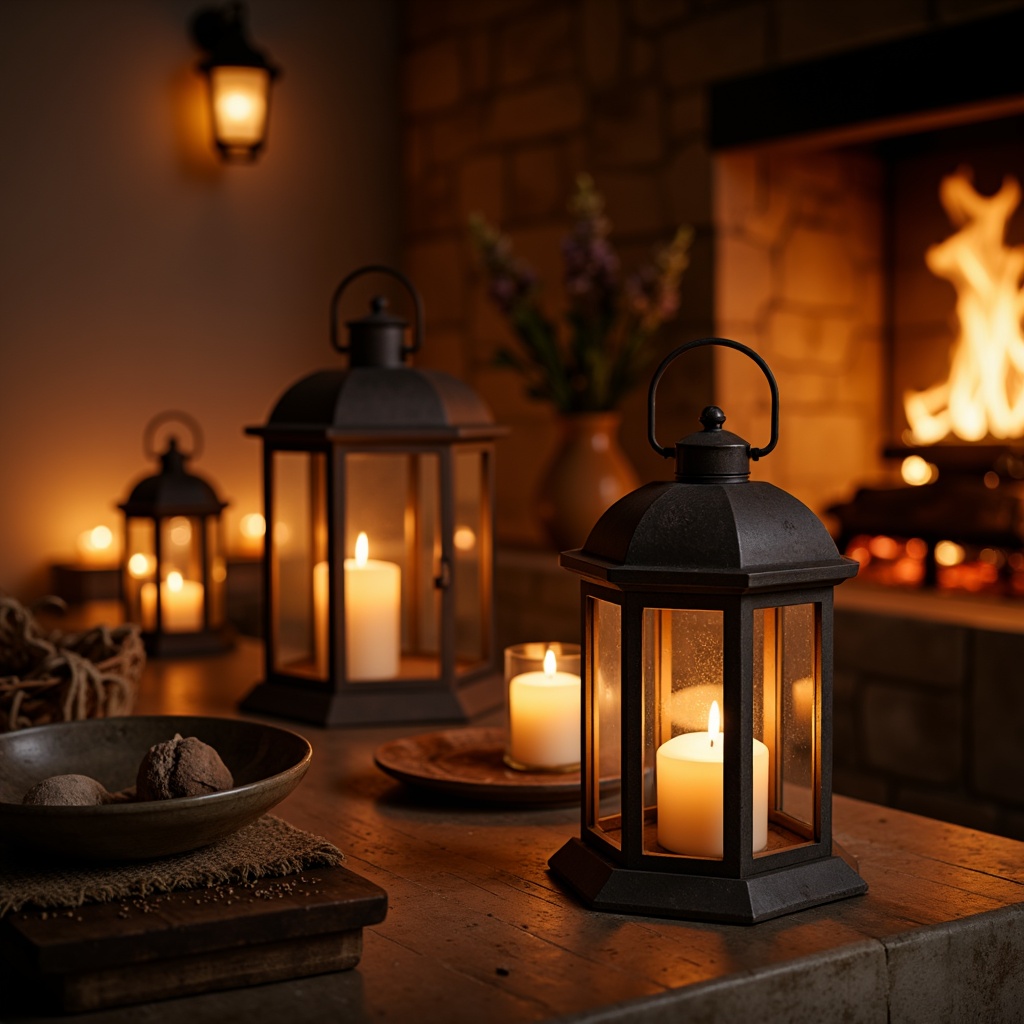 Prompt: Warm candlelight, soft golden glow, rustic wooden lanterns, distressed metal fixtures, vintage pendant lights, earthy terracotta hues, warm beige tones, cozy fireplace ambiance, crackling wood fire sounds, softbox lighting, 1/1 composition, shallow depth of field, realistic textures, ambient occlusion.